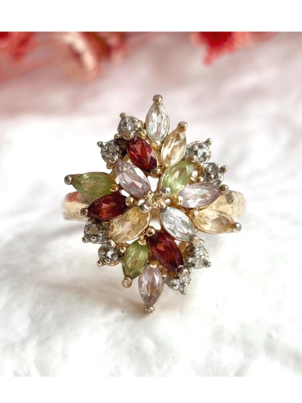 Rainbow Gemstone Vermeil Floral Sterling Silver 925 Vintage Ring - sz 8